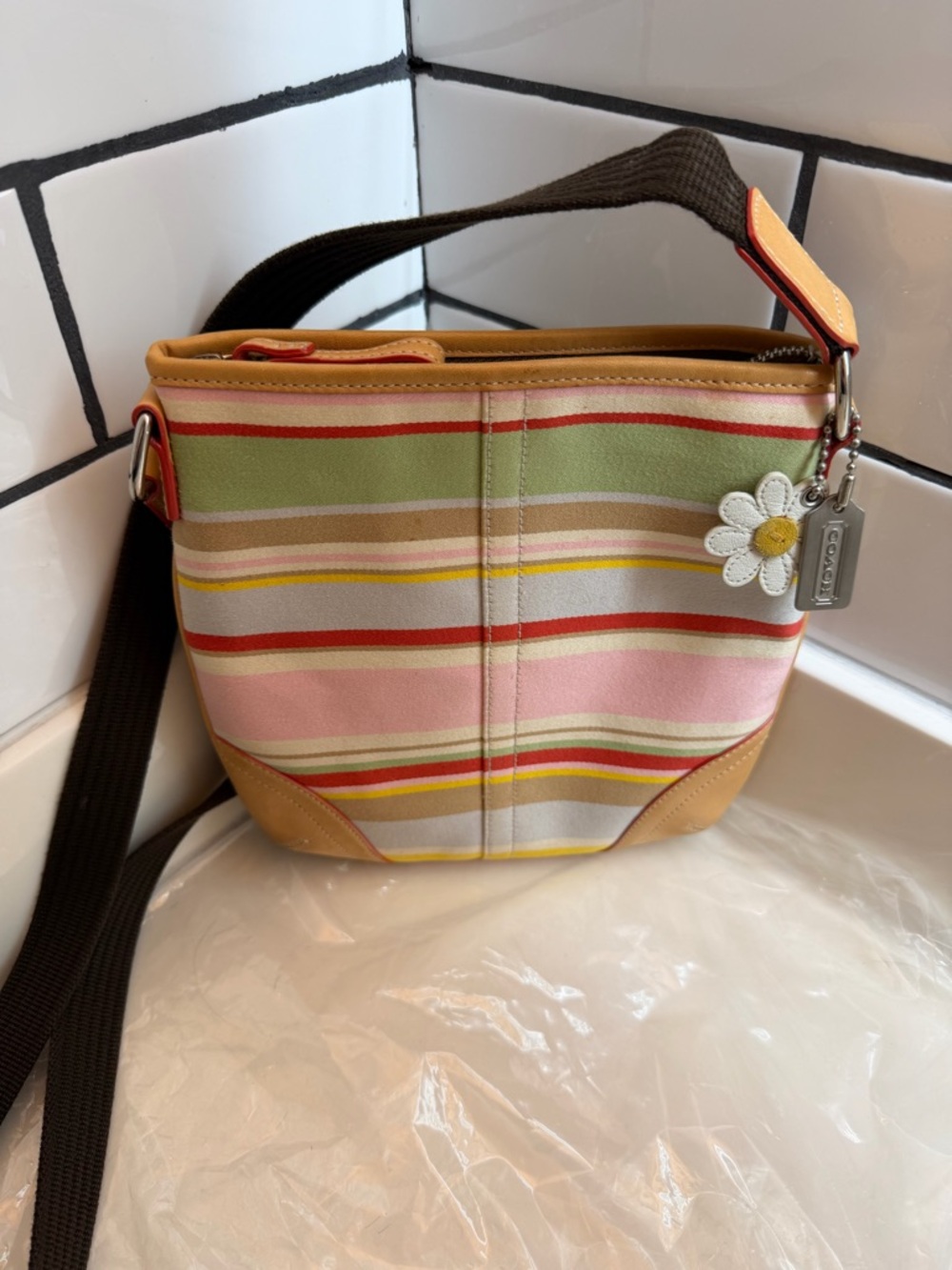 Y2K Coach Striped Pastel Multicolor Crossbody with Daisy Charm & Leather Trim
